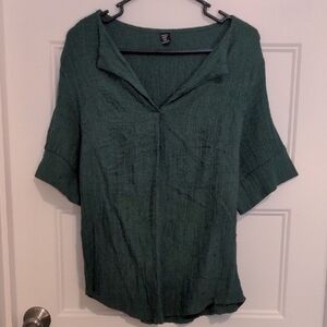 SHEIN Curve 2XL Dark Green Crinkle Texture V-Neck Tunic Top